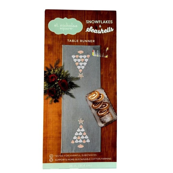 Snowflakes & Seashells Table Runner 36" x 13" Cotton Linen Sage White Peach NEW - Picture 2 of 3